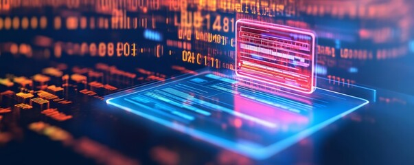 Digital procurement process, holographic purchase orders, sleek corporate background