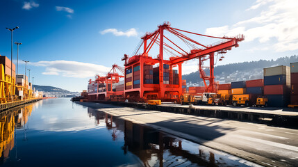 A red container with a yellow tag that says  cranes  on the side, container cargo freight ship, container cargo freight ship in port, container cargo freight ship with crane