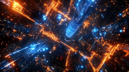 Obraz premium An abstract 3D illustration of a night cityscape infused with neon glow