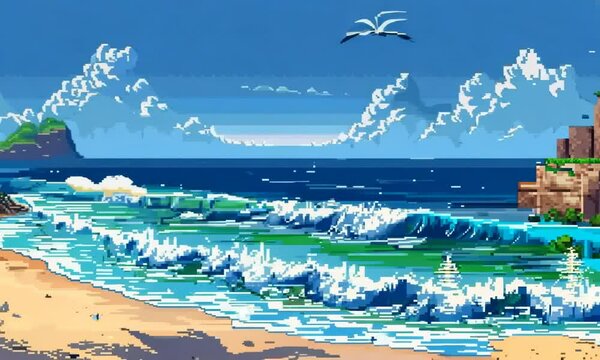A pixel art representation of a serene beach scene, with pixelated waves, sand, and palm trees. Video