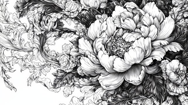 The design features leaves and flowers, doodles, and hand drawn zentangles. Ideal for coloring books, cards, and invitations.