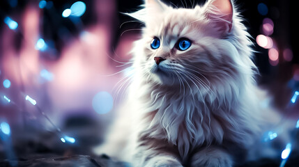 A cat with blue eyes and a white nose is sitting on a table, cat with eyes, portrait of a cat, portrait of a cat with blue eyes
