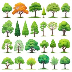 Abstract pattern trees collection. Set Forest tree pack in white background, a collection of hand drawn watercolor trees for artistic projects.