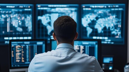 Supply chain manager examining logistics data in an urban command center, city logistics optimization