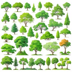 Fototapeta premium Abstract pattern trees collection. Set Forest tree pack in white background, a collection of hand drawn watercolor trees for artistic projects.