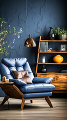 A living room with blue couch and a bookcase with a blue wall behind it, person sitting on a chair, person watching tv