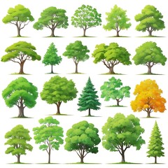 Abstract pattern trees collection. Set Forest tree pack in white background, a collection of hand drawn watercolor trees for artistic projects.
