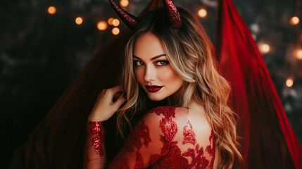 Naklejka premium Mysterious Demon Woman with Black Horns and Red Wings in Gothic Style