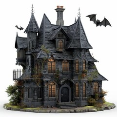 Obraz premium A spooky gothic house with dark architecture, bats flying around, perfect for Halloween themes and eerie imagery.