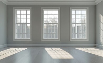 Fototapeta premium Bright and airy empty room with large windows and wooden flooring in natural light
