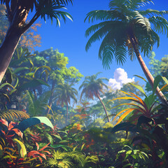 Tropical jungle scenery. Styled like an anime or game background. Blue sky, sunset, sunrise, night, fog, snow, rain, cloudiness, autumn leaves, etc.