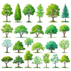 Abstract pattern trees collection. Set Forest tree pack in white background, a collection of hand drawn watercolor trees for artistic projects.