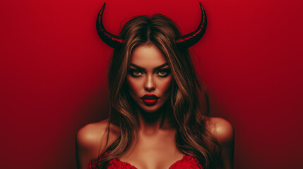 Naklejka premium Mysterious Demon Woman with Black Horns and Red Wings in Gothic Style