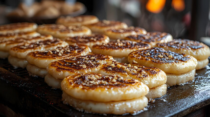 An artistic shot of Hotteok being prepared on a griddle.