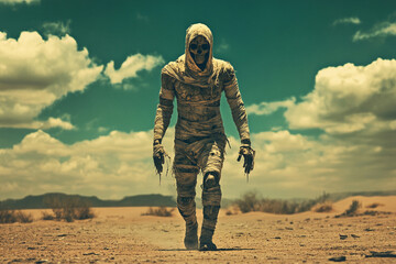 Naklejka premium Mummy with Bandages Falling Off, Walking Through a Desert