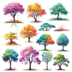 Abstract pattern trees collection. Set Forest tree pack in white background, a collection of hand drawn watercolor trees for artistic projects.