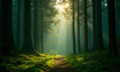 Fototapeta premium Sunlight breaks through the thick pine trees in the forest