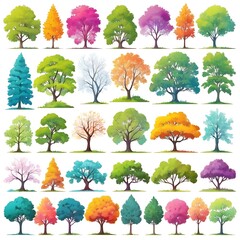 Abstract pattern trees collection. Set Forest tree pack in white background, a collection of hand drawn watercolor trees for artistic projects.