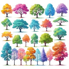 Abstract pattern trees collection. Set Forest tree pack in white background, a collection of hand drawn watercolor trees for artistic projects.