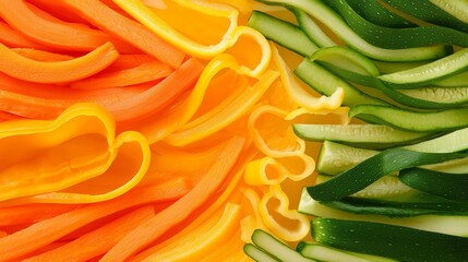 Slices of zucchini, carrots and yellow bell peppers are forming a gradient of green, orange and yellow. This vibrant background is perfect for healthy food concepts