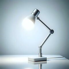 Black desk lamp with metal base and electric bulb, illuminated, isolated on white background