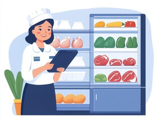 A cheerful chef checks inventory in a modern refrigerator filled with fresh produce and meats, promoting healthy food choices.