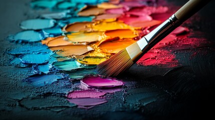Obraz premium A vivid close-up photograph capturing an artist's paintbrush lying on a palette smeared with an array of bright acrylic paints.