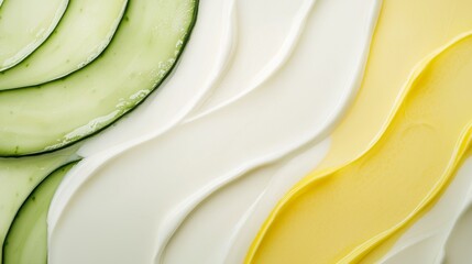 Skincare products texture with cucumber extract forming a wavy pattern, ideal for advertising hygiene and beauty treatments