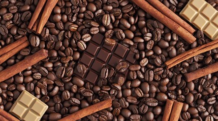 Fototapeta premium Delicious assortment of coffee beans is scattered on a surface, creating the perfect background for showcasing the inviting chocolate and aromatic cinnamon sticks