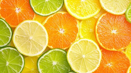 Obraz premium Colorful assortment of oranges, lemons, and limes are sliced and arranged, creating a vibrant and healthy background. The juicy citrus fruit are bursting with vitamins and flavor