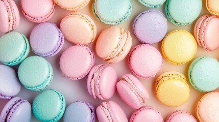 Obraz premium Eye-catching display of pastel-colored french macarons on a white surface, showcasing smooth shells and tempting fillings
