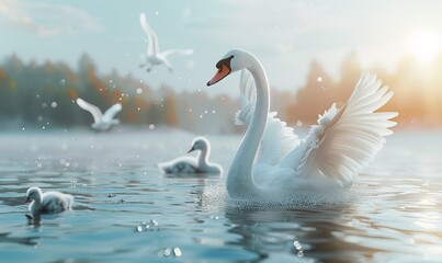 Fototapeta premium White swans with their soft feathers are an expression of beauty in a calm river Generate AI