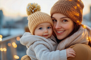 Obraz premium Smiling Mother and Baby in Cozy Winter Hats