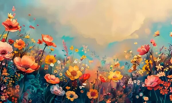 A stylized  of a serene meadow filled with wildflowers, their colors blending into a vibrant patchwork. Video