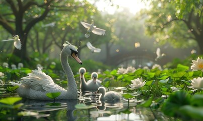 White swans with their soft feathers are an expression of beauty in a calm river Generate AI