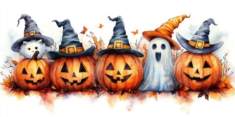 watercolor halloween background with spooky pumpkins