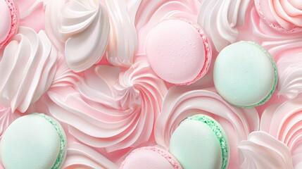 Obraz premium Pink and green macarons are laying on a pink whipped cream background, creating a sweet and tempting visual perfect for food-related projects