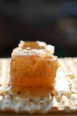 Jewish matzah with honey and honeycomb, close-up photo