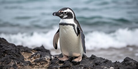 Naklejka premium Stunning photograph of a solitary Magellanic penguin on rocky shoreline with ocean waves in the background, highlighting wildlife beauty