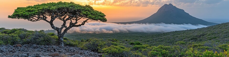 Stunning panoramic view of a solitary tree against the backdrop of a misty mountain range at sunrise, showcasing nature's serene beauty
