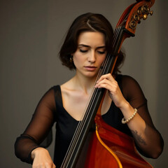 A beautiful brunette woman with dark hair plays the double bass, exuding elegance, passion, and skill.