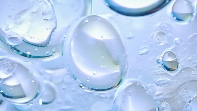 Blue foaming soap and bubbles of washing cleanser close up. Hyaluronic acid liquid makeup remover micellar water facial skin care. Powder foam close up background. Transparent cleaner. Shampoo texture
