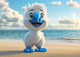 Obraz premium Adorable Blue and White Cartoon Bird Enjoys Sunny Day on the Beach with Clear Skies and Calm Ocean Waves in the Background