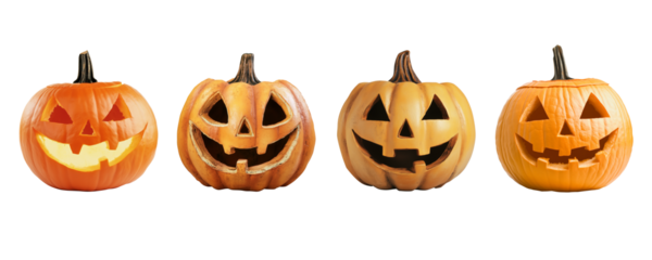 Collection of 4 jack-o-lantern halloween pumpkins isolated on white background
