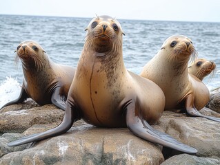 Fototapeta premium Group of Sea Lions Resting on Rocky Shore with Ocean Background on a Cloudy Day at Coastline Wildlife Habitat