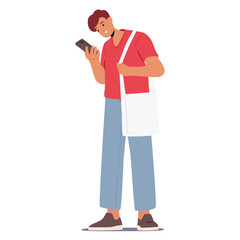 Cartoon Male Character Standing While Looking At A Phone, Holding A Bag. Vector Illustration Portrays Casual Person