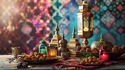 Obraz premium Ramadan Feast: Traditional Sweets, Lanterns, and Decor