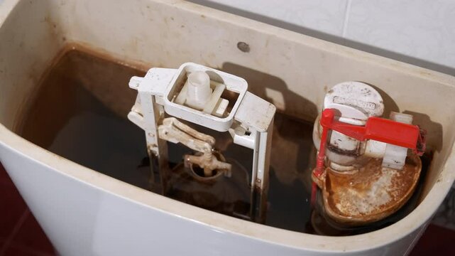 Disassembled toilet cistern. A view of bath with disassembled toilet cistern with dirty water in it.