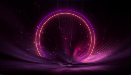 Obraz premium Neon empty stage lamps, pink and purple light, dark corridor, futuristic dark neon portal.