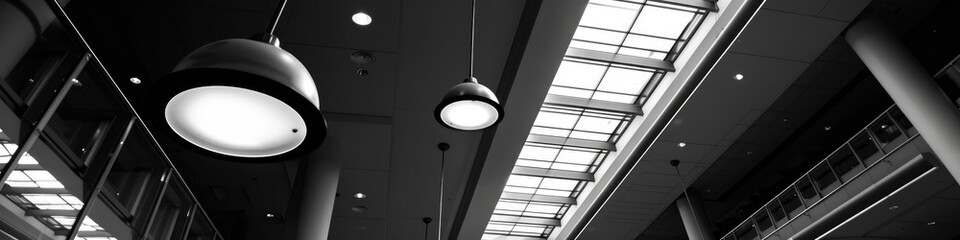 Interior lamp glowing in soft evening light, presented in black and white monochrome.